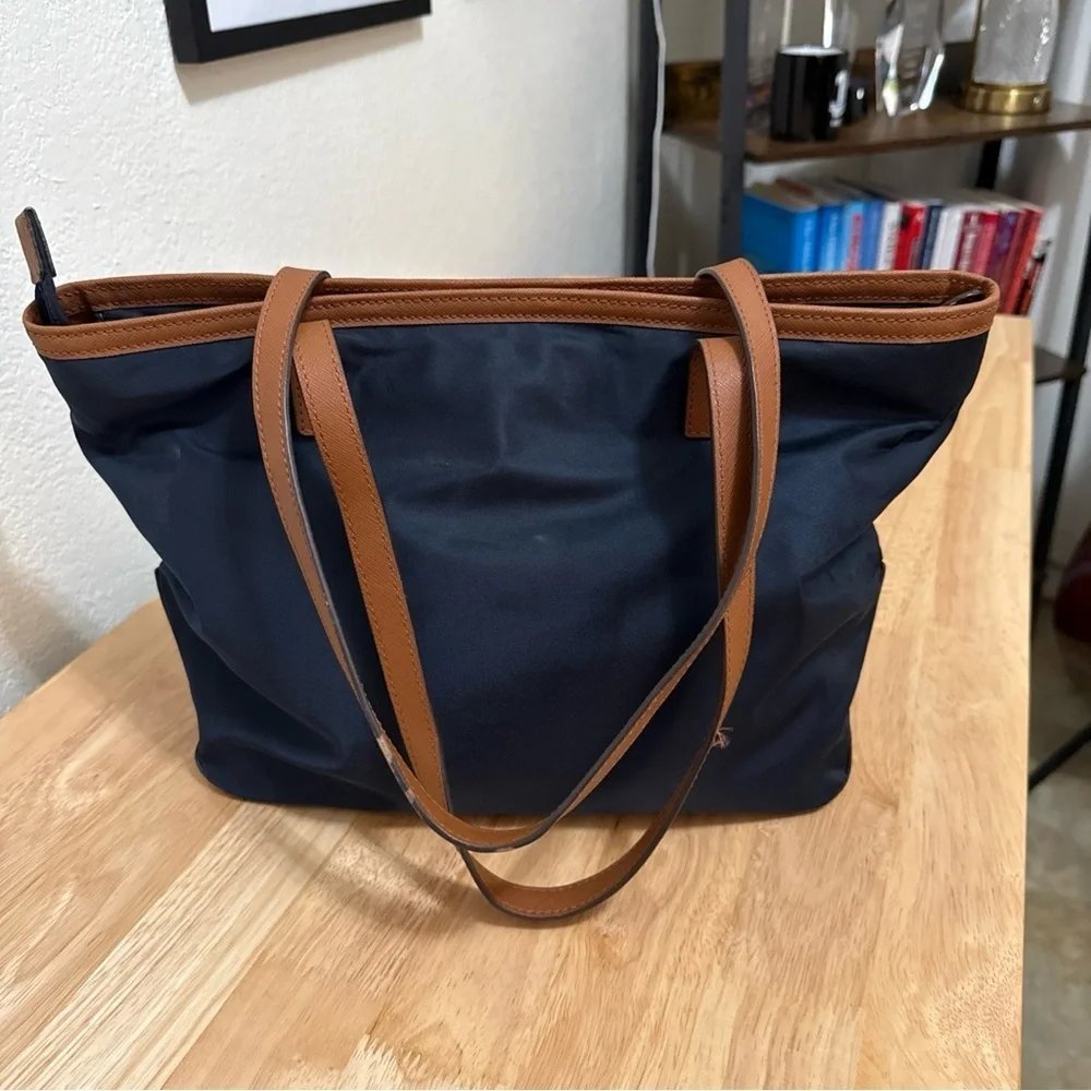 Michael Kors Kempton Nylon Satchel Tote Purse Shoulder Bag in Navy and Brown - Picture 5 of 13